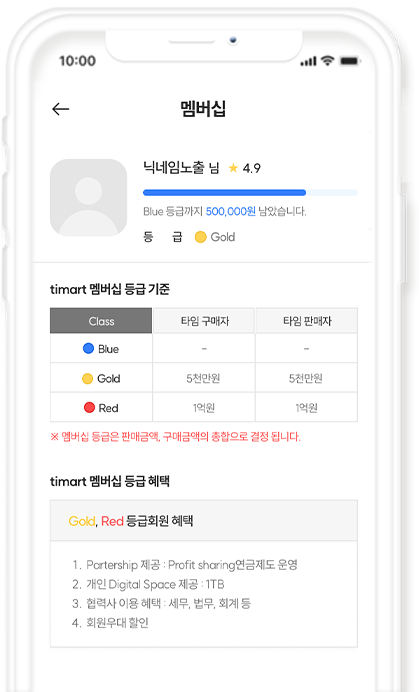 티마트(timart)에서 시간 거래 활동에 따라 제공되는 멤버십 서비스.